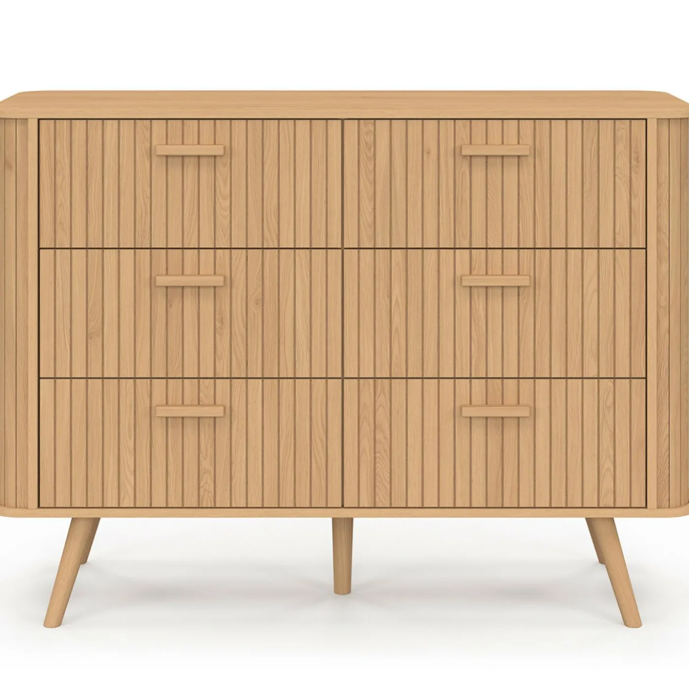 Commode 6 tiroirs 110 cm lattes tasseau bois coloris chêne