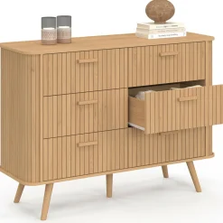 Commode 6 tiroirs 110 cm lattes tasseau bois coloris chêne