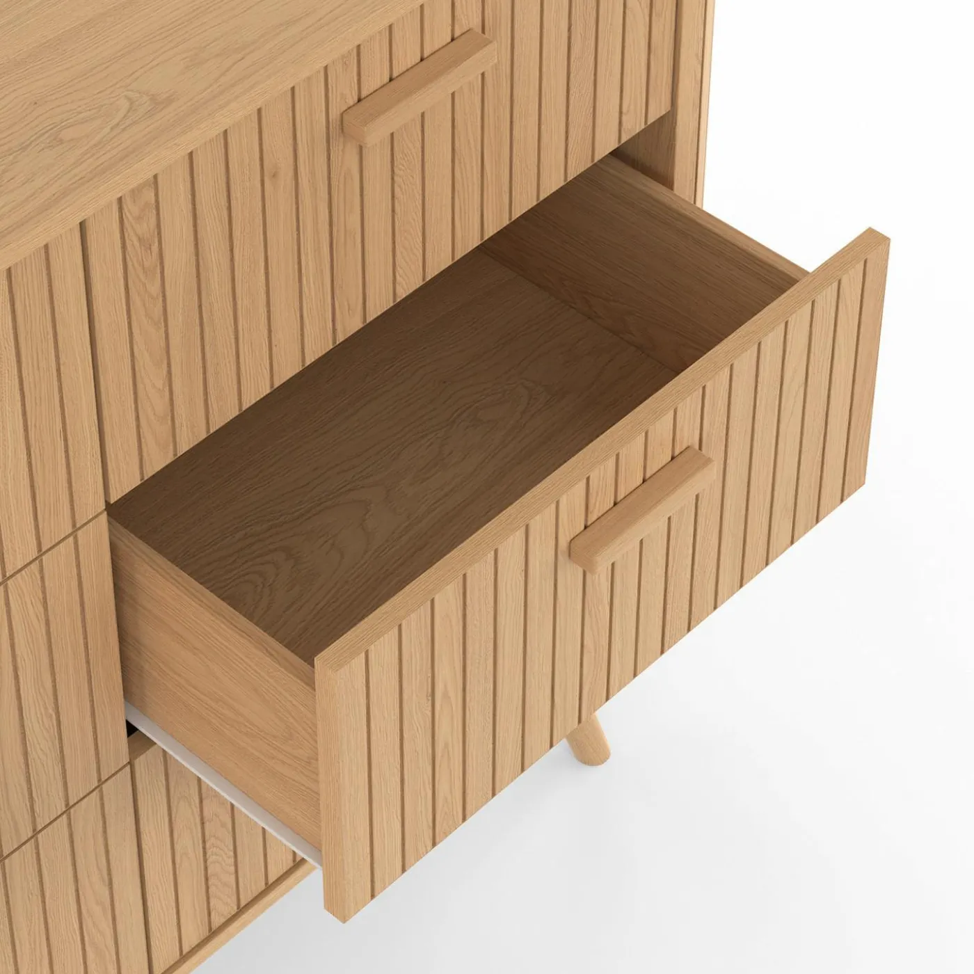 Commode 6 tiroirs 110 cm lattes tasseau bois coloris chêne
