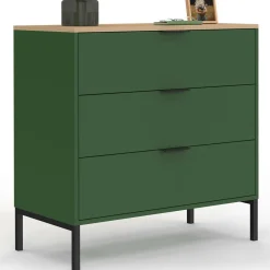 Commode 3 tiroirs 80 cm vert kaki et plateau bois
