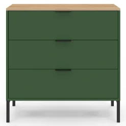 Commode 3 tiroirs 80 cm vert kaki et plateau bois