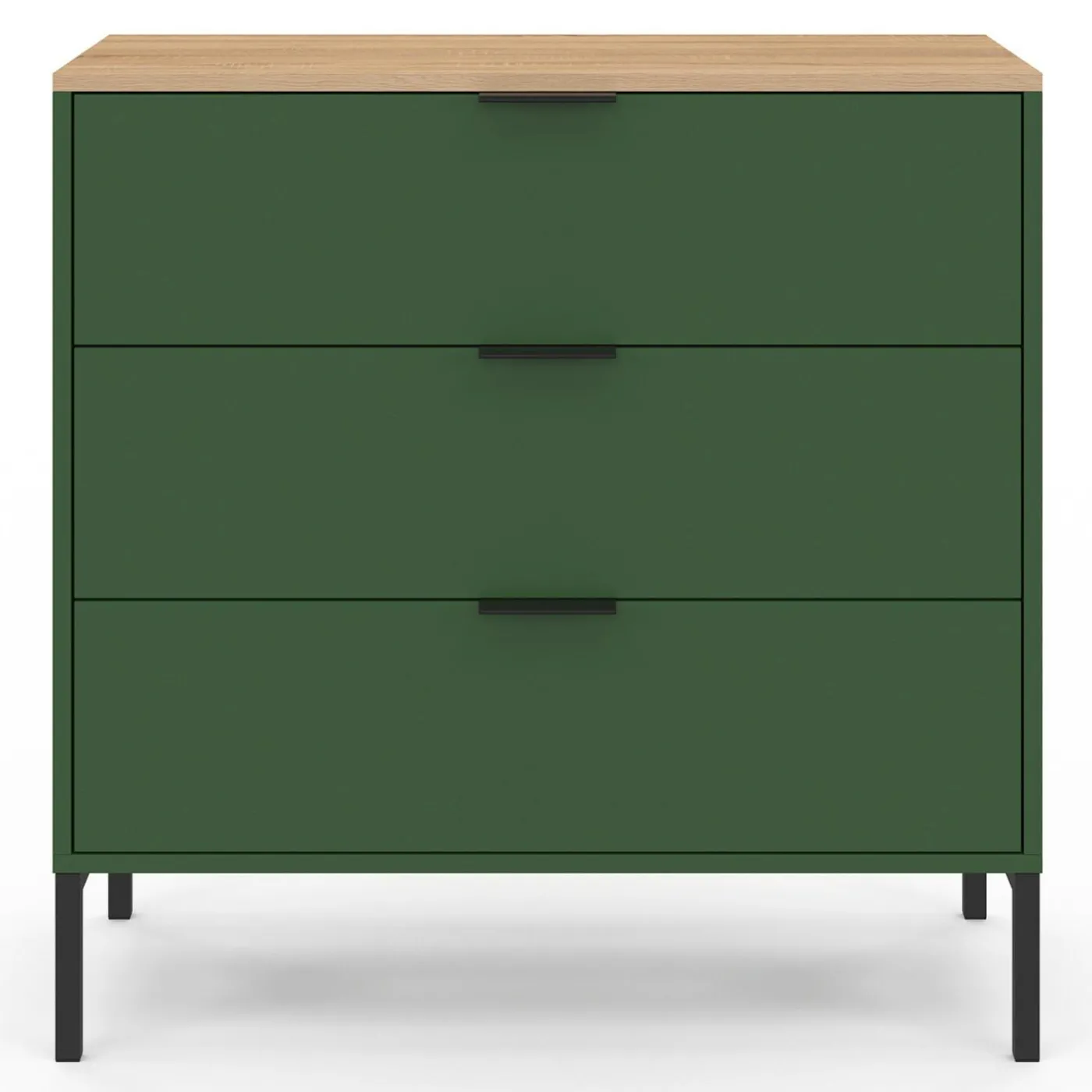 Commode 3 tiroirs 80 cm vert kaki et plateau bois