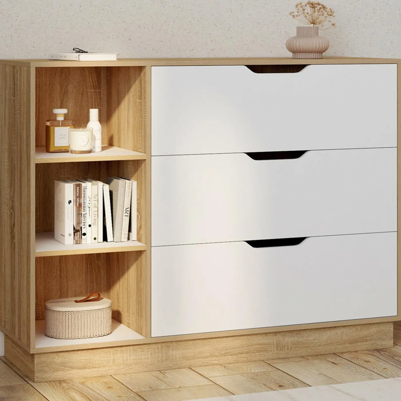 Commode 3 tiroirs 3 niches hêtre blanc