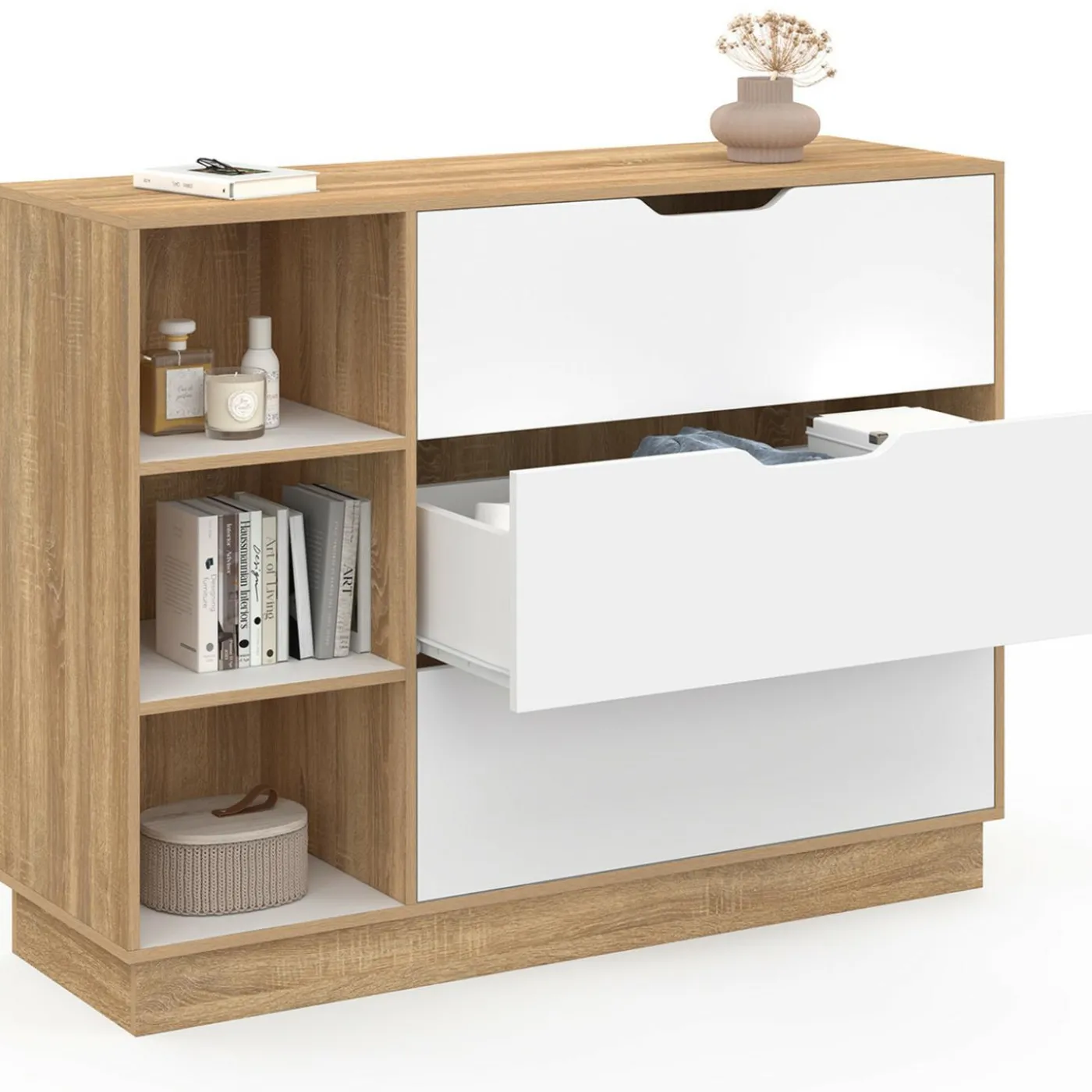 Commode 3 tiroirs 3 niches hêtre blanc