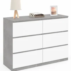 Commode 6 tiroirs blanche effet béton