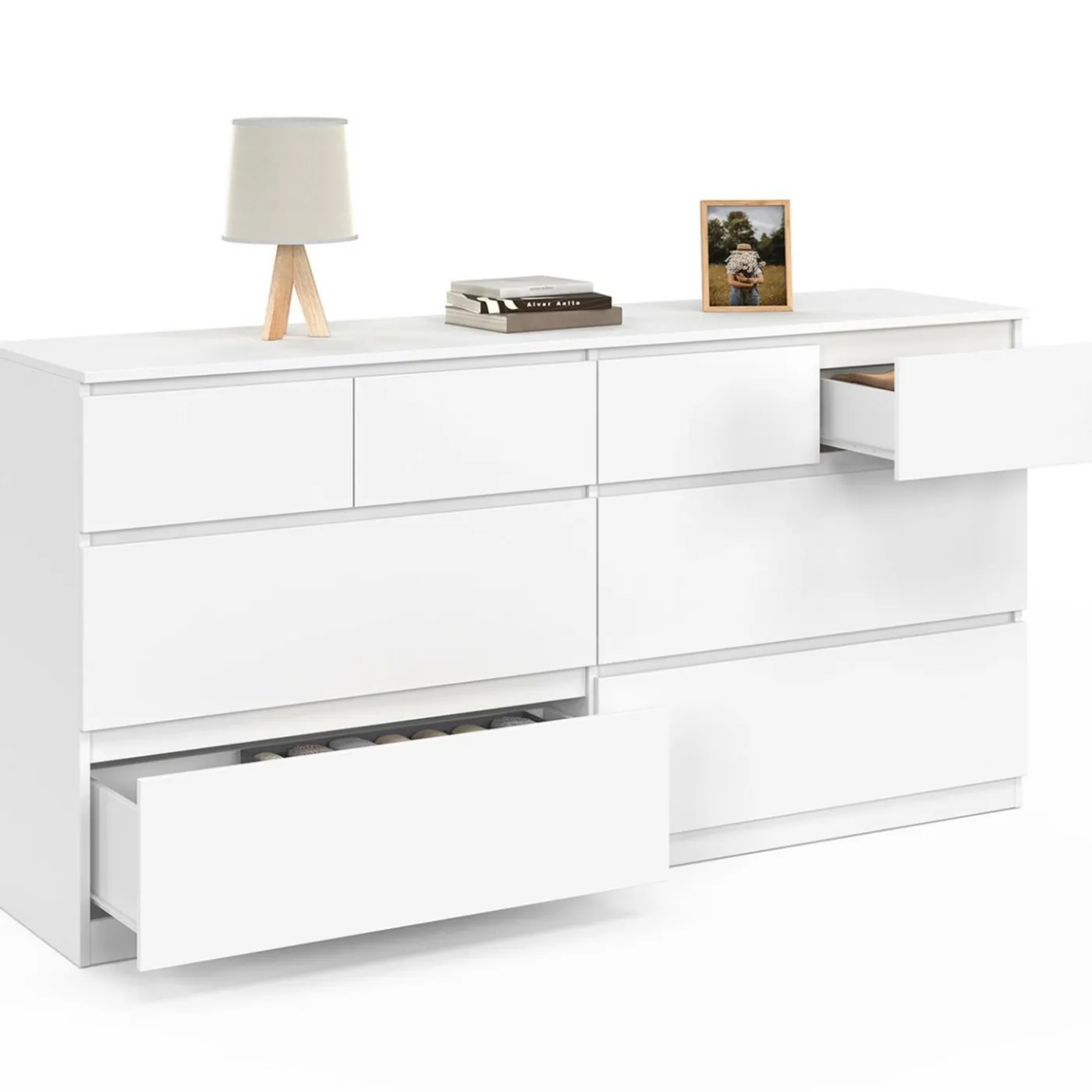 Commode 8 tiroirs bois blanc 160 cm