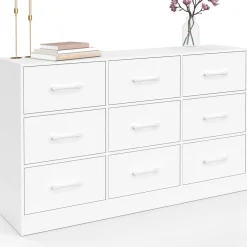 Commode 9 tiroirs en tissu 113 cm meuble de rangement bois blanc
