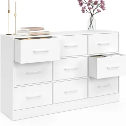 Commode 9 tiroirs en tissu 113 cm meuble de rangement bois blanc