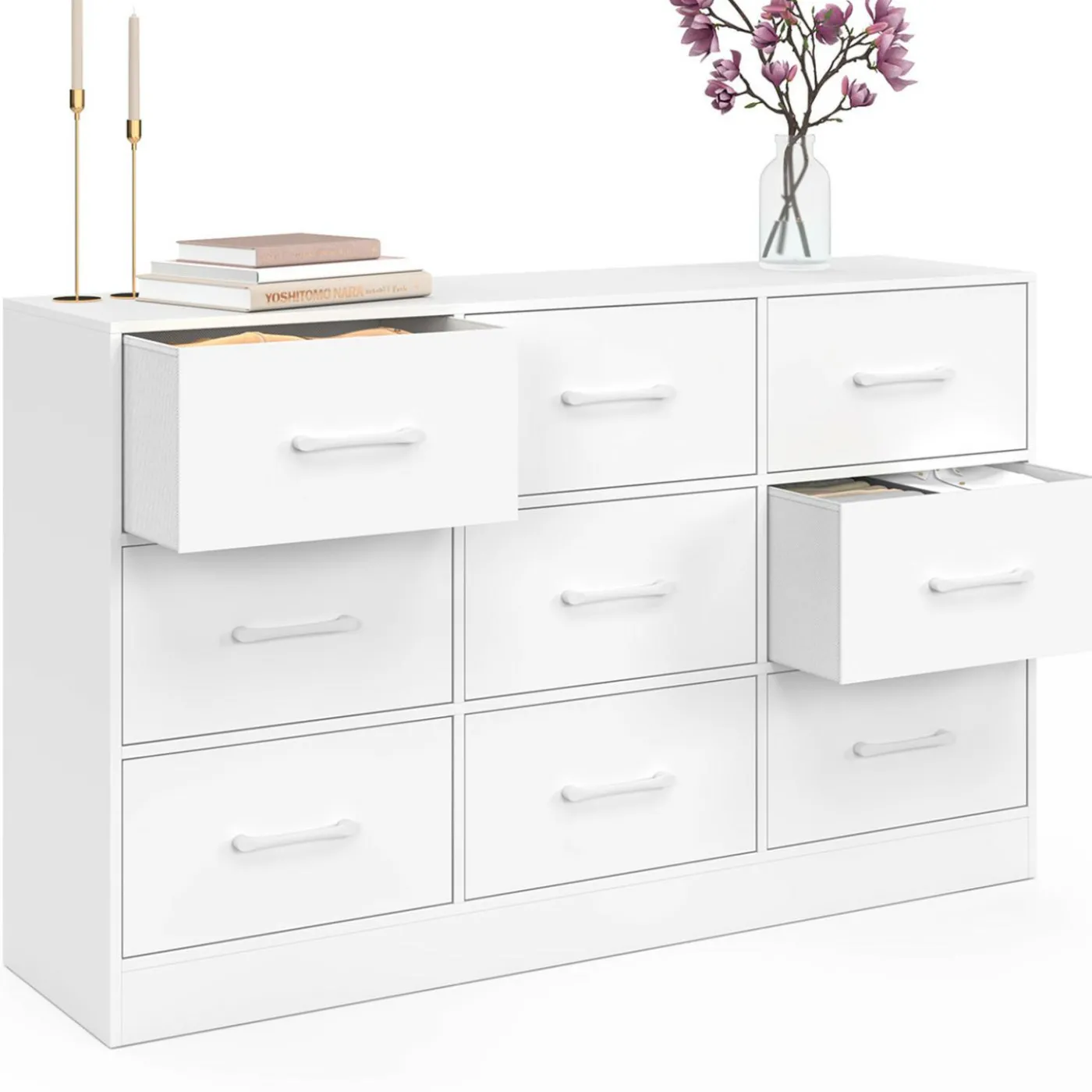 Commode 9 tiroirs en tissu 113 cm meuble de rangement bois blanc