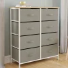 Commode 8 tiroirs en tissu gris clair et plateau effet bois