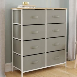 Commode 8 tiroirs en tissu gris clair et plateau effet bois