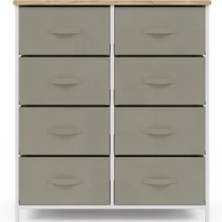 Commode 8 tiroirs en tissu gris clair et plateau effet bois