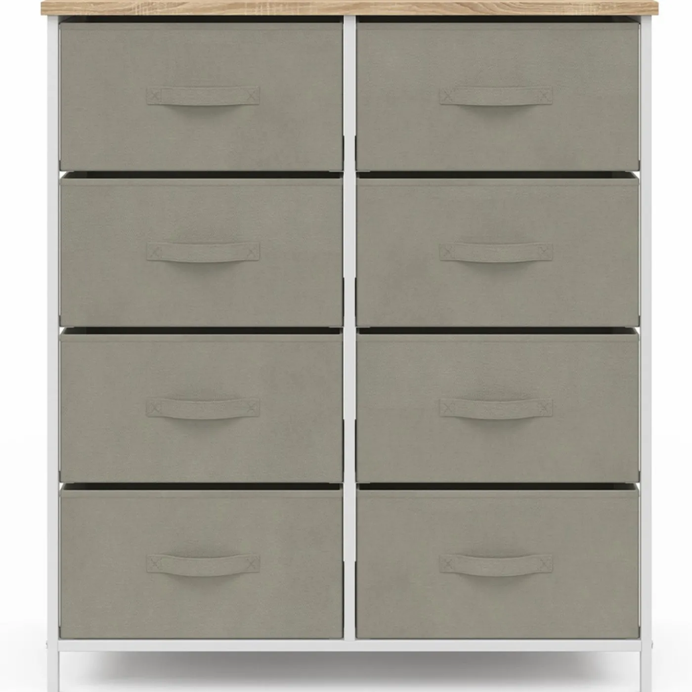 Commode 8 tiroirs en tissu gris clair et plateau effet bois