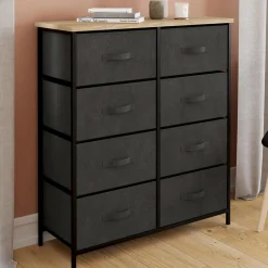 Commode 8 tiroirs en tissu gris anthracite et plateau effet bois