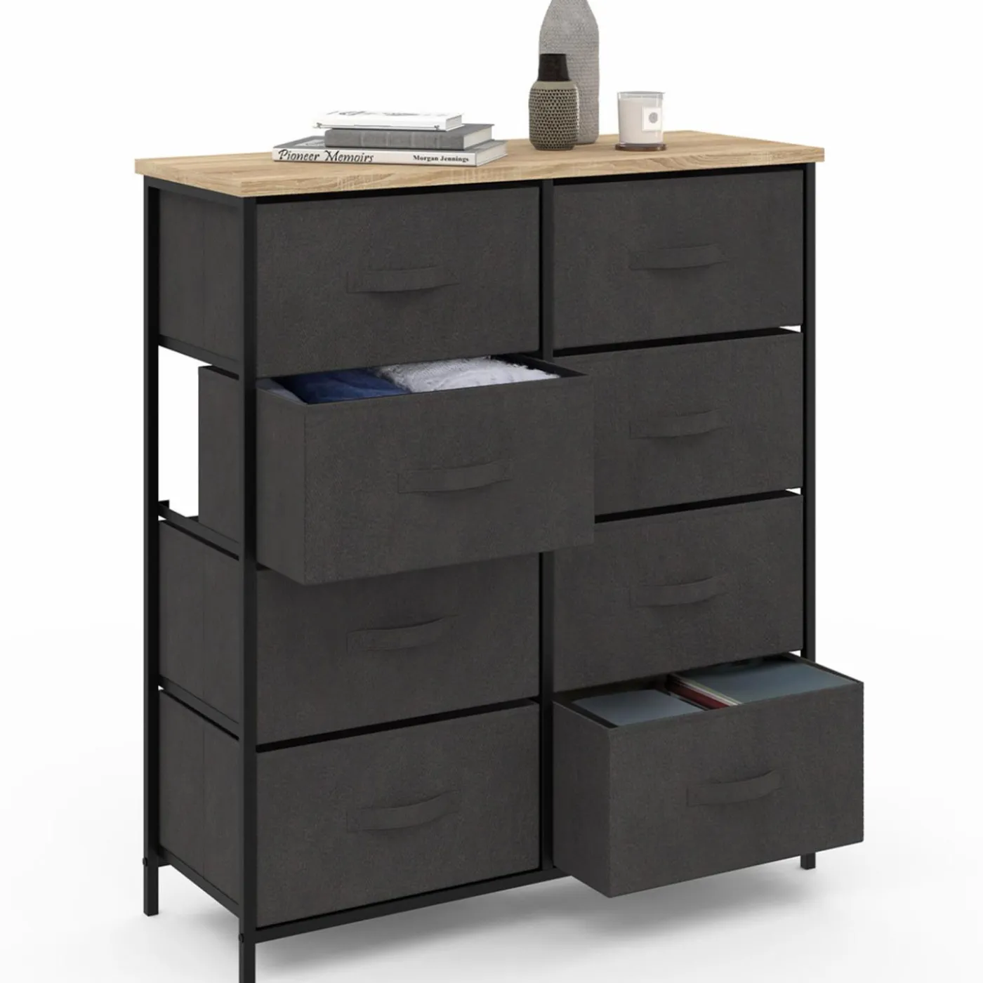 Commode 8 tiroirs en tissu gris anthracite et plateau effet bois