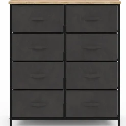 Commode 8 tiroirs en tissu gris anthracite et plateau effet bois