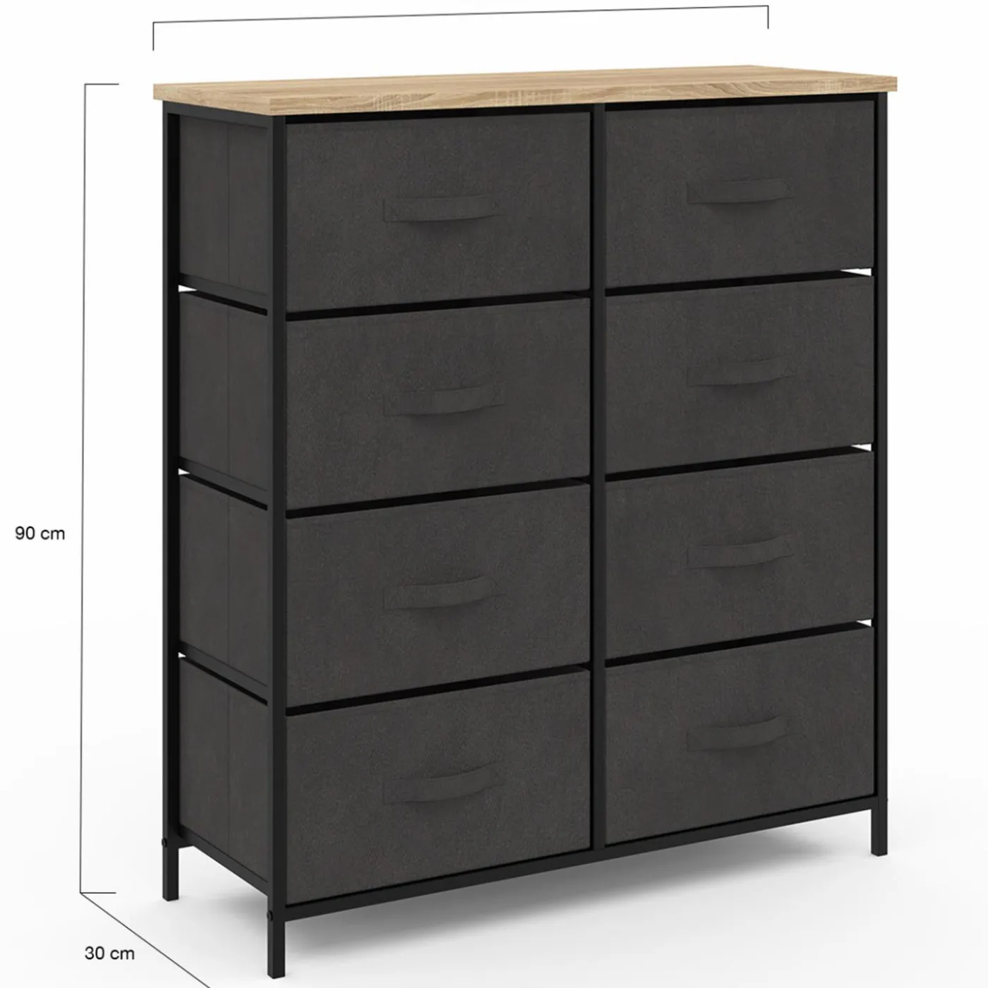 Commode 8 tiroirs en tissu gris anthracite et plateau effet bois