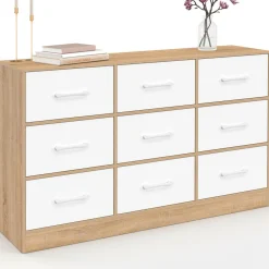 Commode 9 tiroirs en tissu 113 cm meuble de rangement bois façon hêtre et blanc