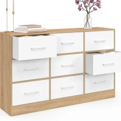 Commode 9 tiroirs en tissu 113 cm meuble de rangement bois façon hêtre et blanc