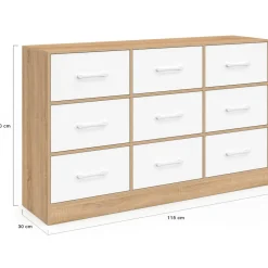 Commode 9 tiroirs en tissu 113 cm meuble de rangement bois façon hêtre et blanc