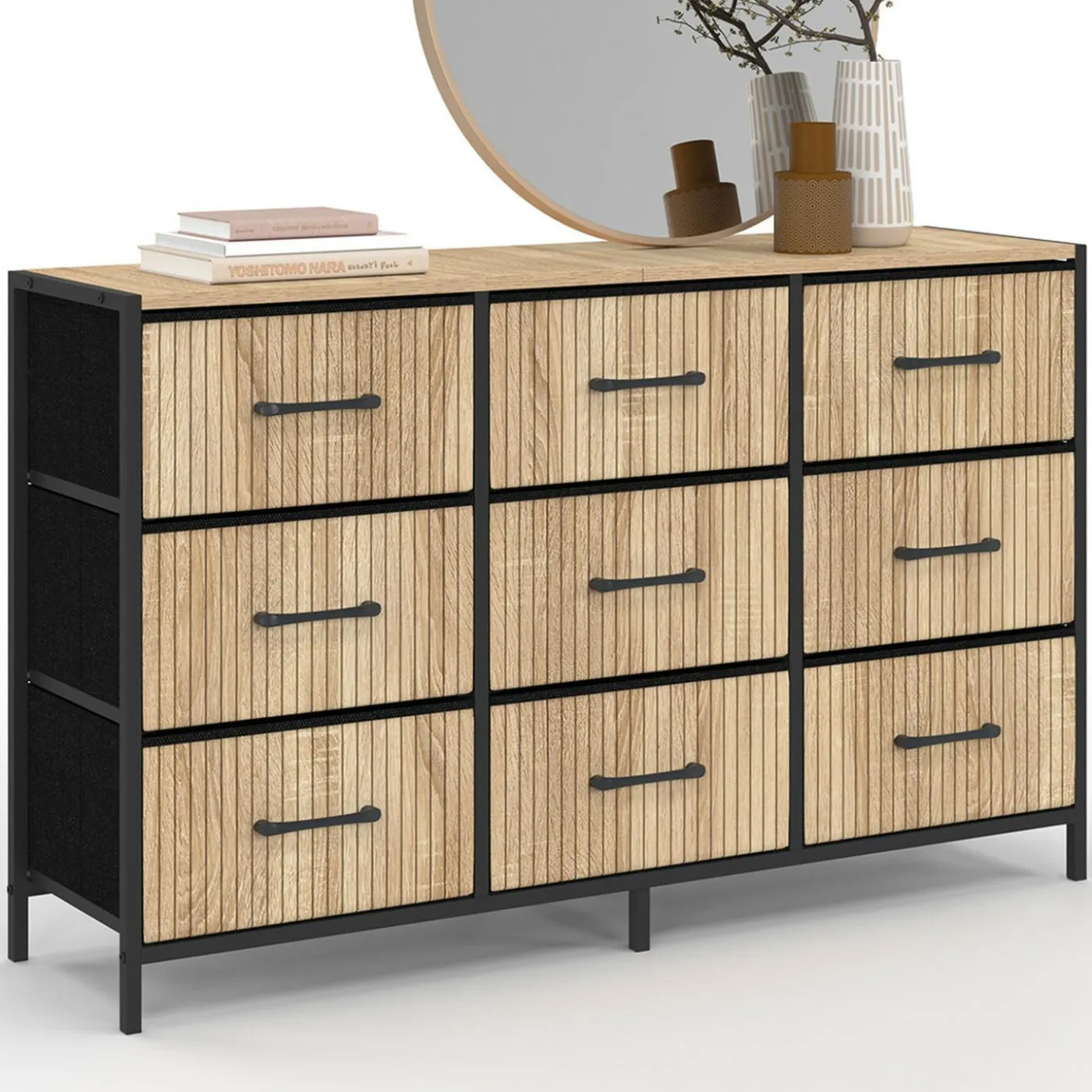 Commode 9 tiroirs en tissu 115 CM effet lattes, design industriel