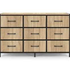Commode 9 tiroirs en tissu 115 CM effet lattes, design industriel