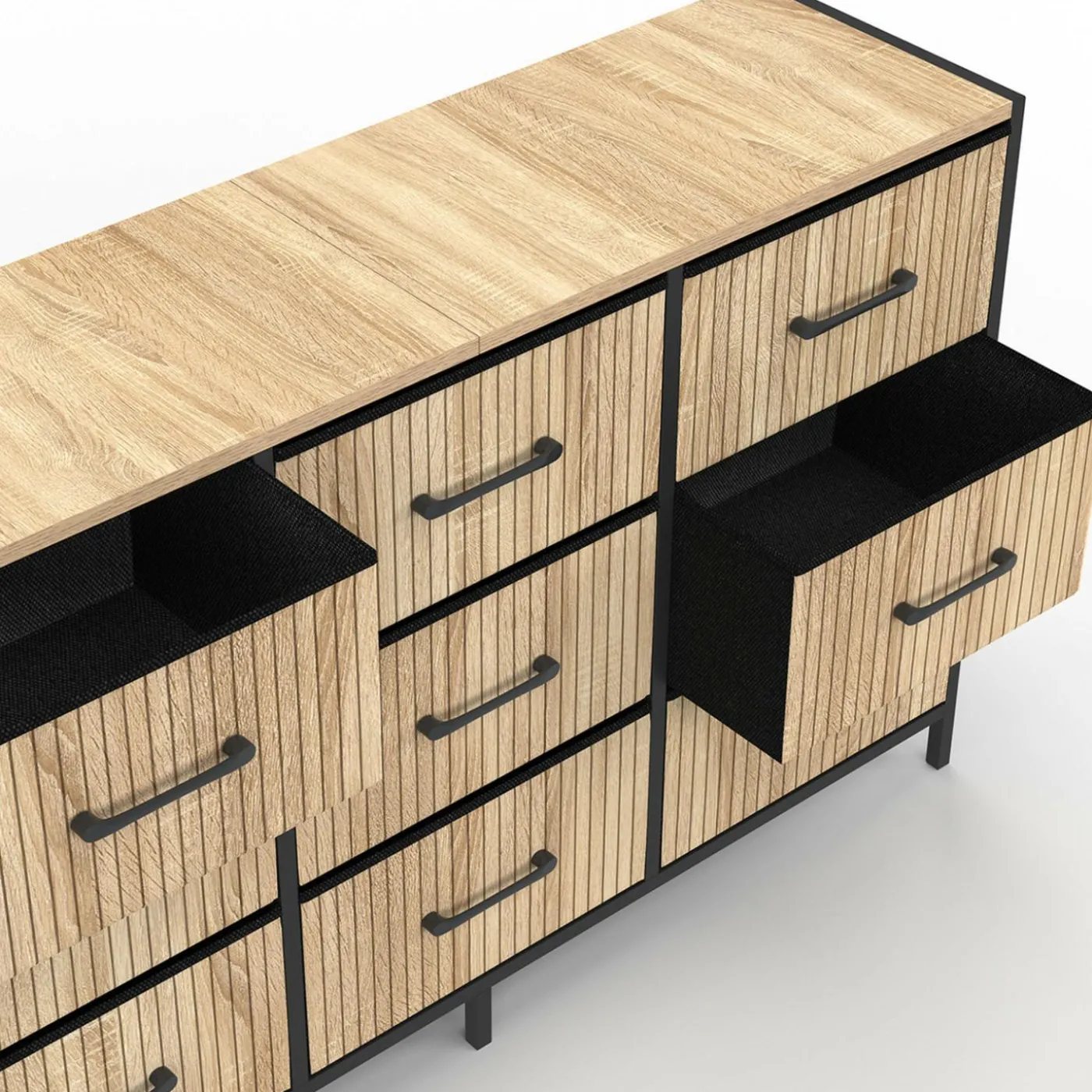 Commode 9 tiroirs en tissu 115 CM effet lattes, design industriel