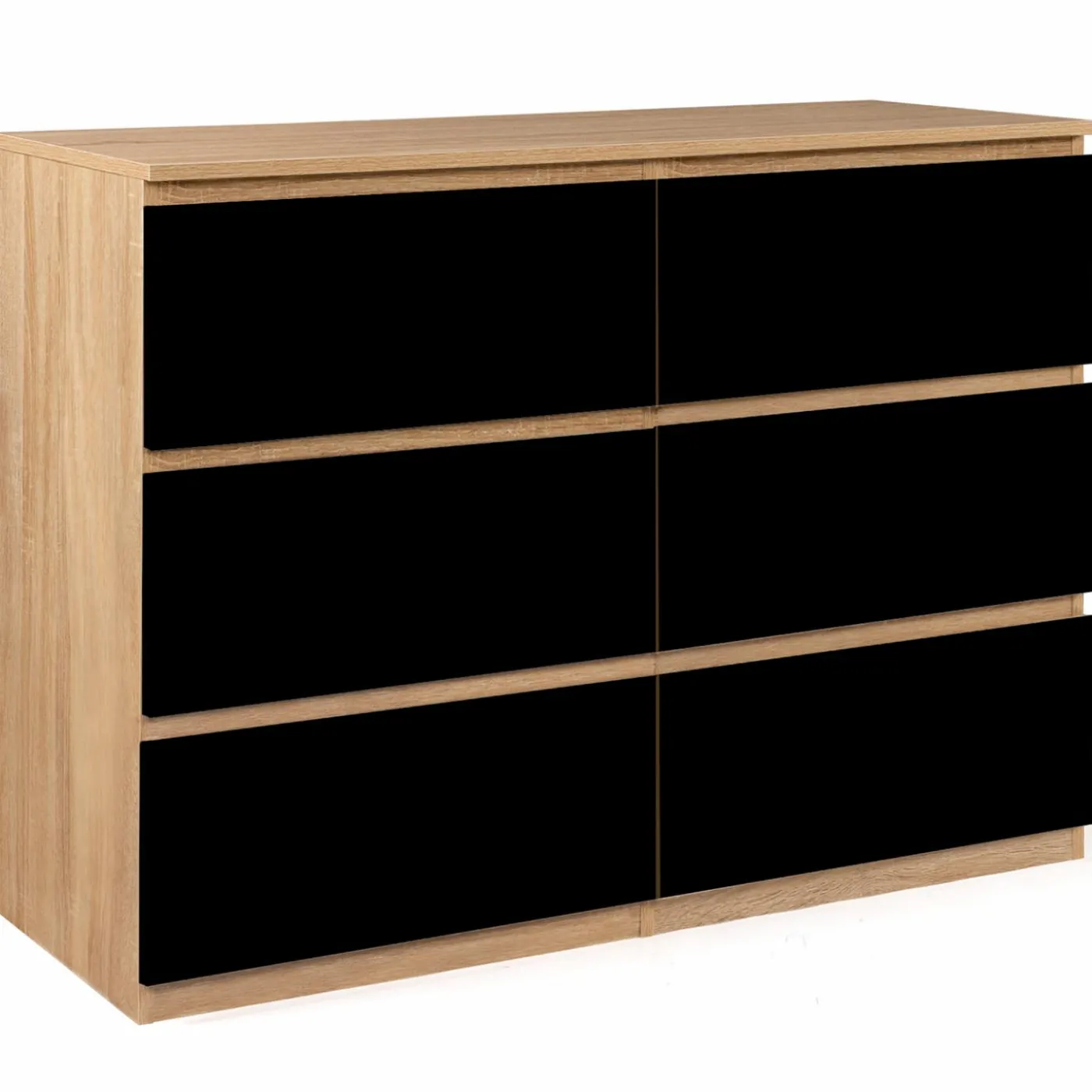Commode 6 tiroirs noire et bois façon hêtre 110x80cm