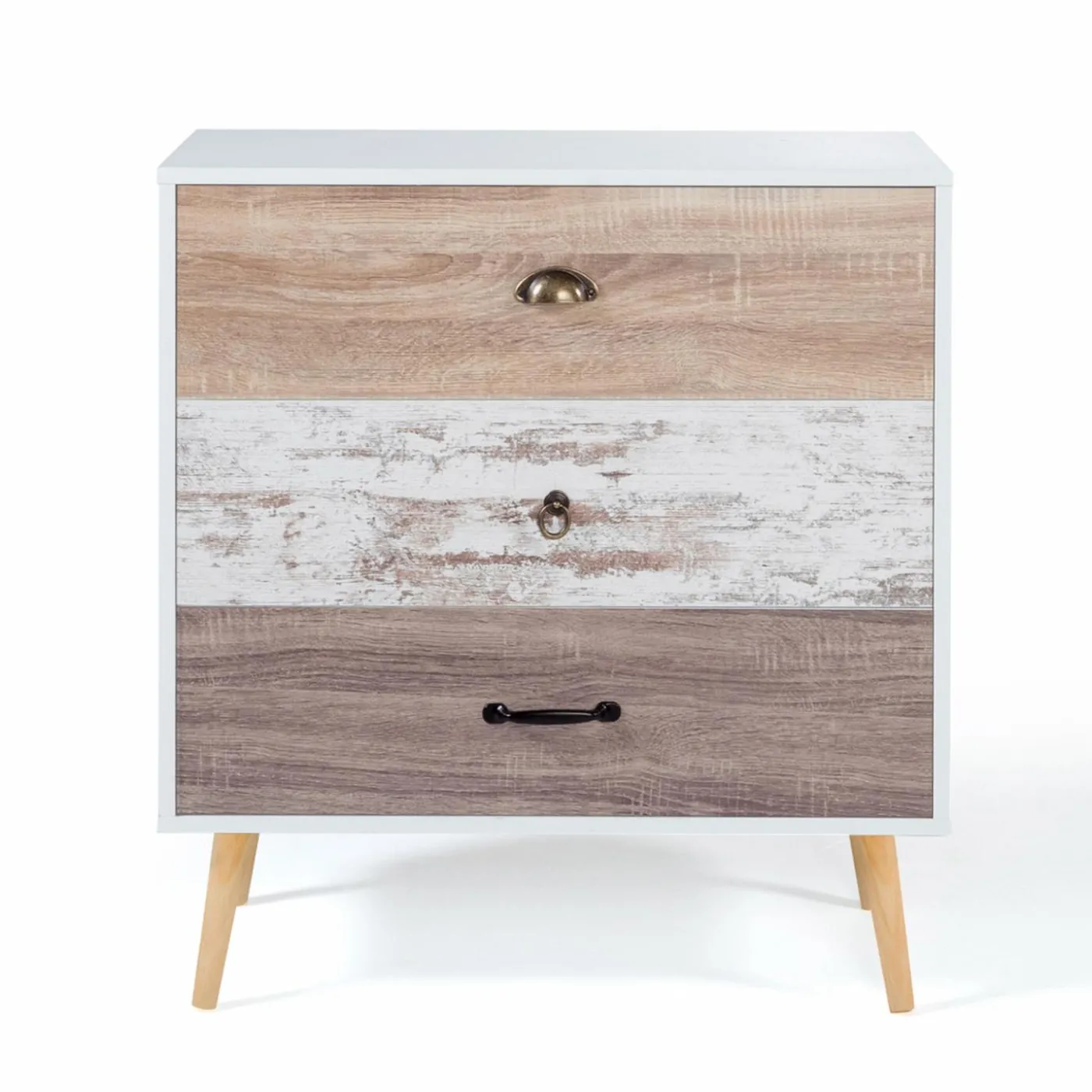 Commode blanche 3 tiroirs effet bois vieilli