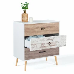 Commode blanche 3 tiroirs effet bois vieilli