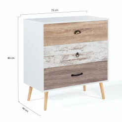 Commode blanche 3 tiroirs effet bois vieilli