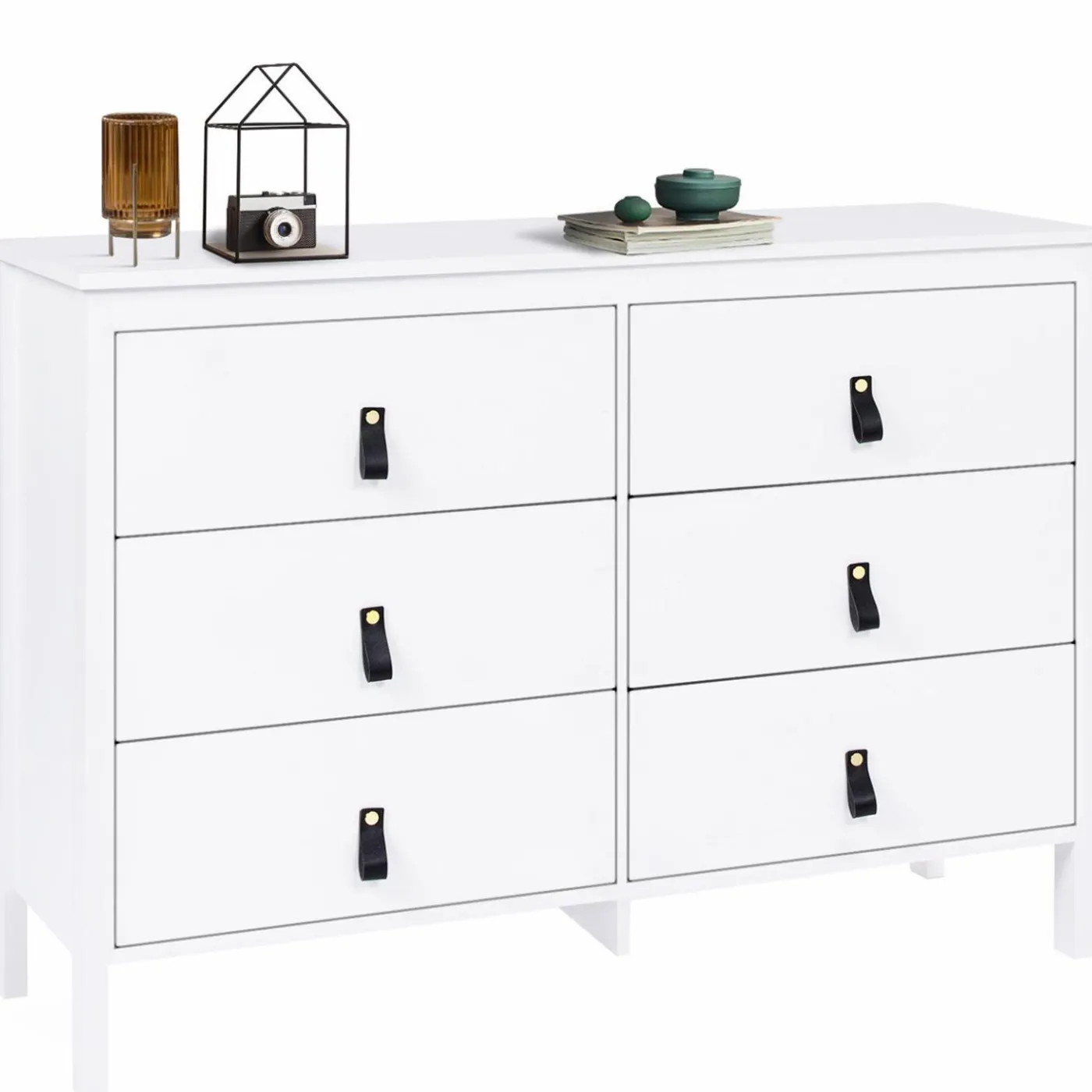 Commode blanche 6 tiroirs avec poignées effet cuir noir