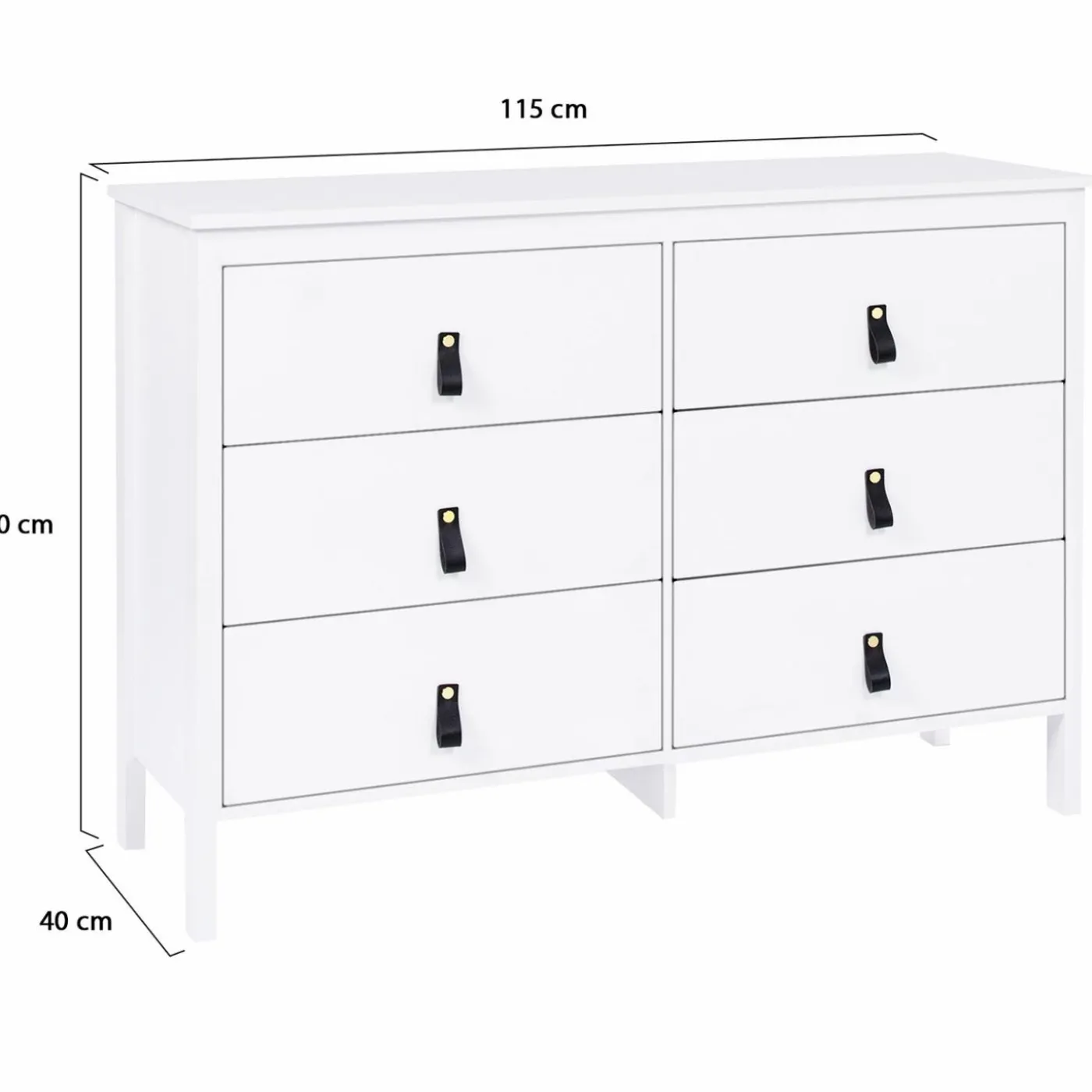 Commode blanche 6 tiroirs avec poignées effet cuir noir