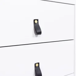 Commode blanche 6 tiroirs avec poignées effet cuir noir
