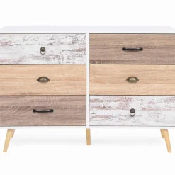 Commode blanche 6 tiroirs effet bois vieilli