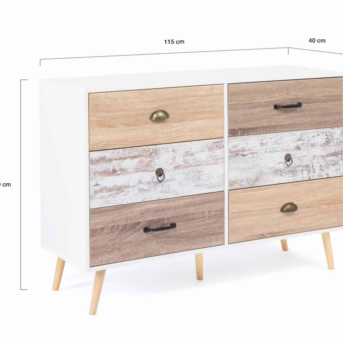 Commode blanche 6 tiroirs effet bois vieilli