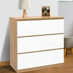 Commode bois façon hêtre et blanc 3 tiroirs 78 cm