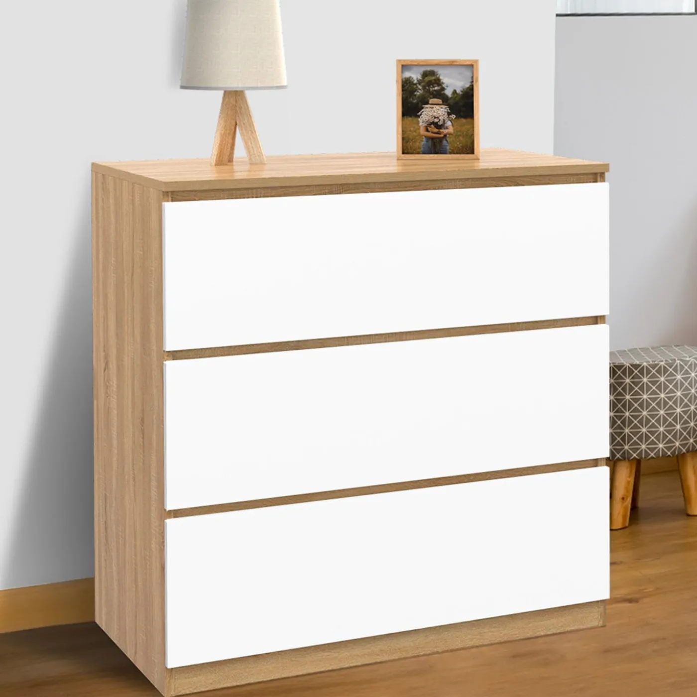 Commode bois façon hêtre et blanc 3 tiroirs 78 cm