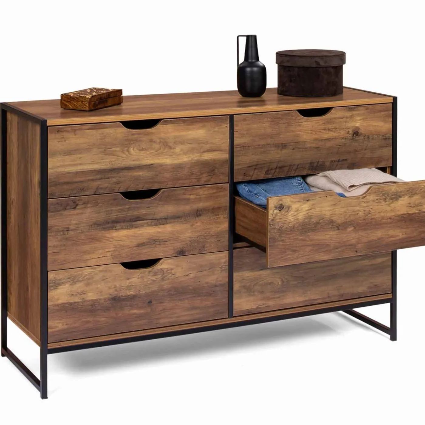 Commode design industriel 6 tiroirs bois foncé