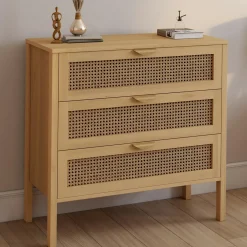 Commode en bois 3 tiroirs cannage 80 cm