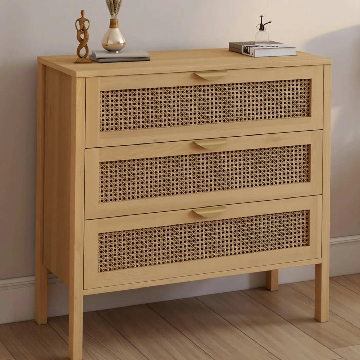 Commode en bois 3 tiroirs cannage 80 cm
