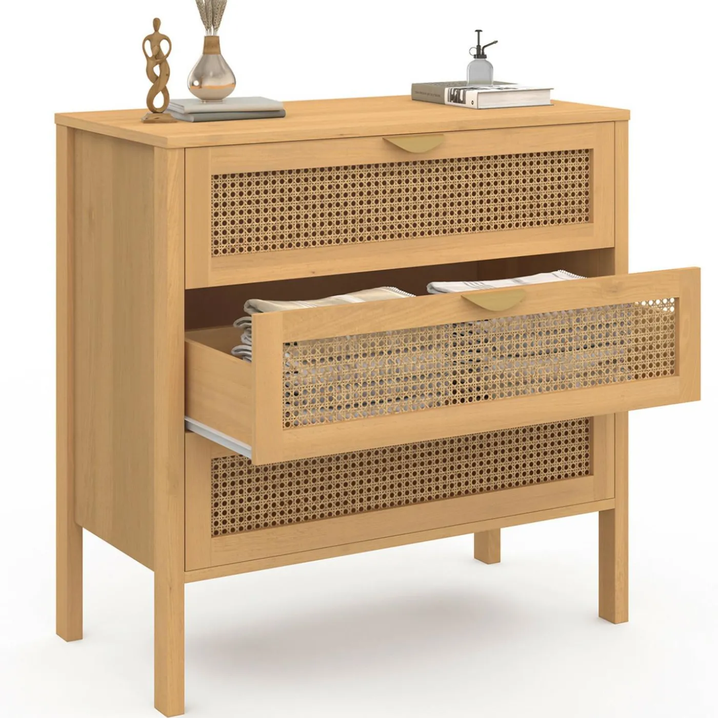 Commode en bois 3 tiroirs cannage 80 cm