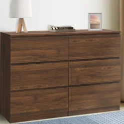 Commode en bois effet noyer avec 6 tiroirs 110 cm
