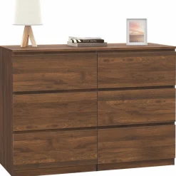 Commode en bois effet noyer avec 6 tiroirs 110 cm