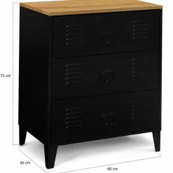 Commode industrielle 3 tiroirs métal noir et hêtre