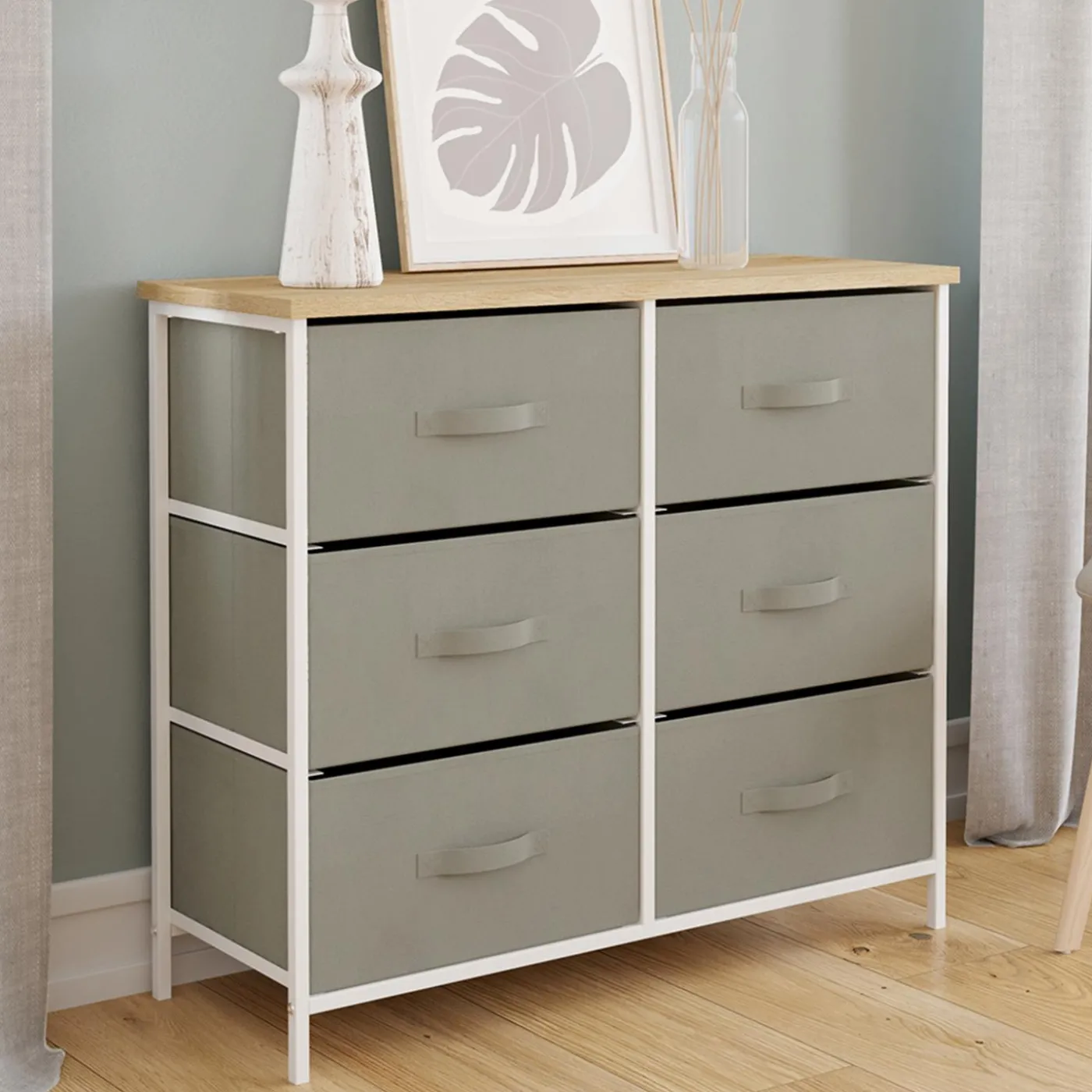 Commode industrielle gris clair et plateau effet bois