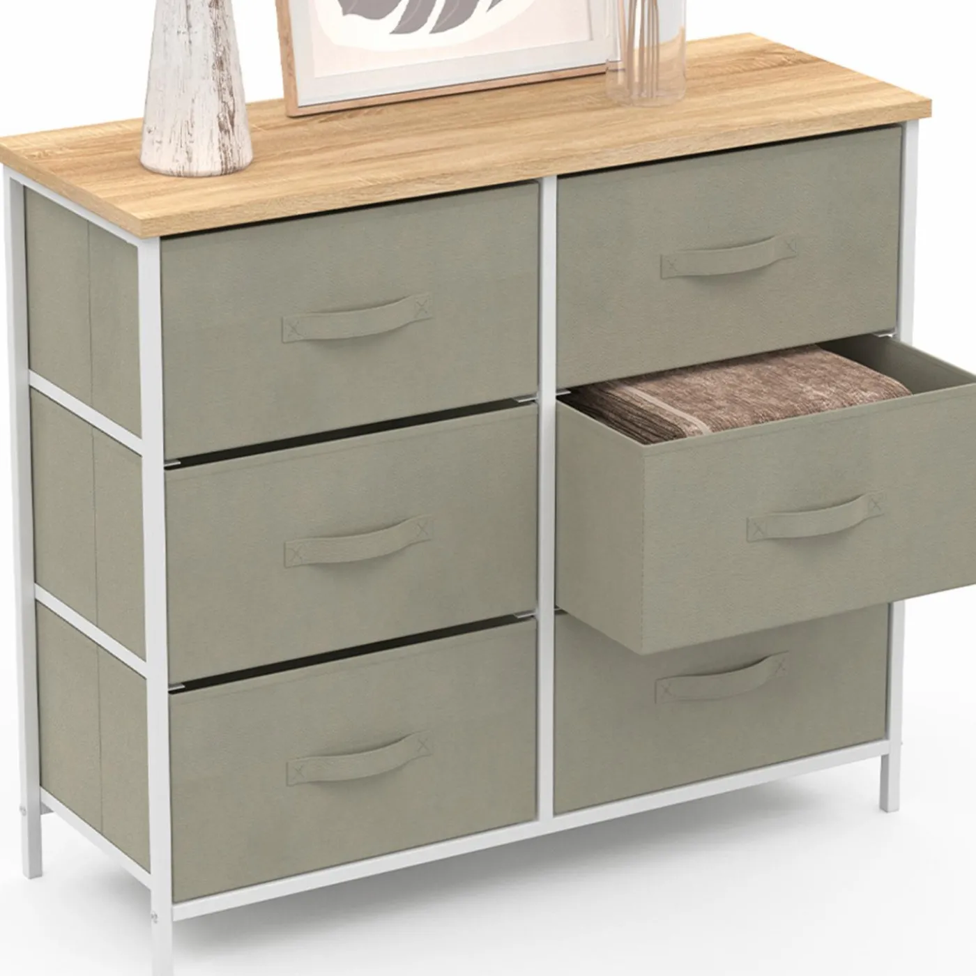 Commode industrielle gris clair et plateau effet bois