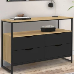 Commode industrielle noir et bois 4 tiroirs avec étagère