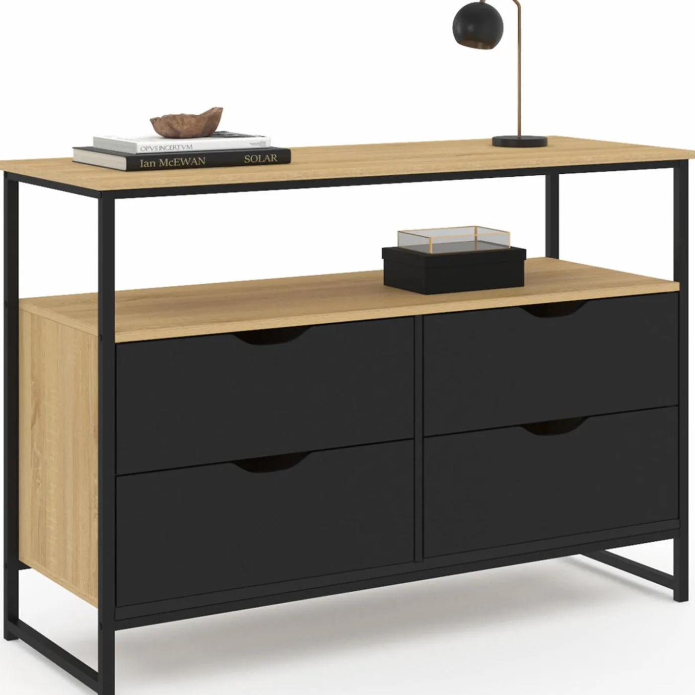 Commode industrielle noir et bois 4 tiroirs avec étagère