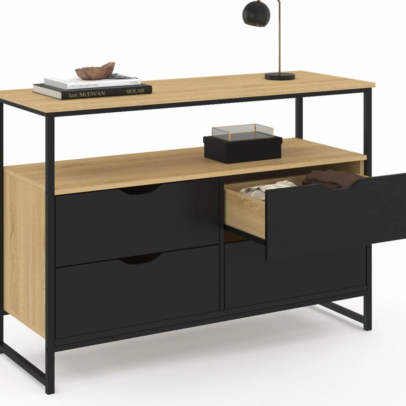 Commode industrielle noir et bois 4 tiroirs avec étagère